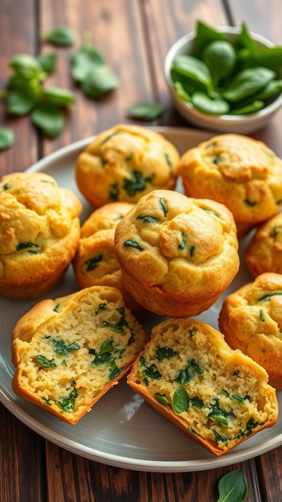 A plate of golden spinach muffins with visible pieces of spinach, set against a rustic wooden background.